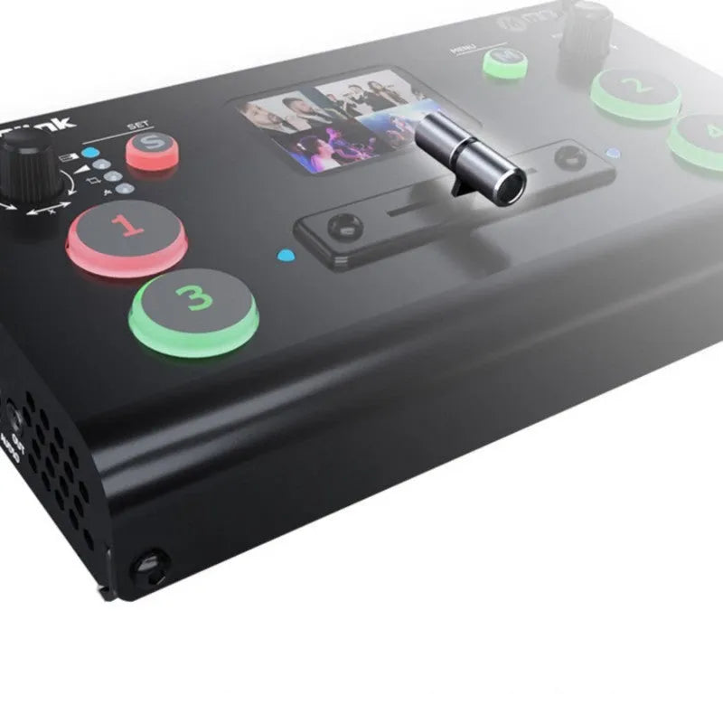 RGBLINK 4-input HDMI video switcher unit with integrated TFT colour screen and control buttons.