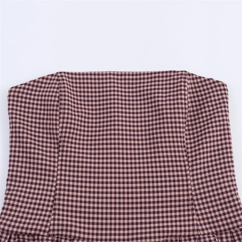Women's plaid tube top dress with asymmetric pleated skirt, sling style, long sleeves, polyester fabric