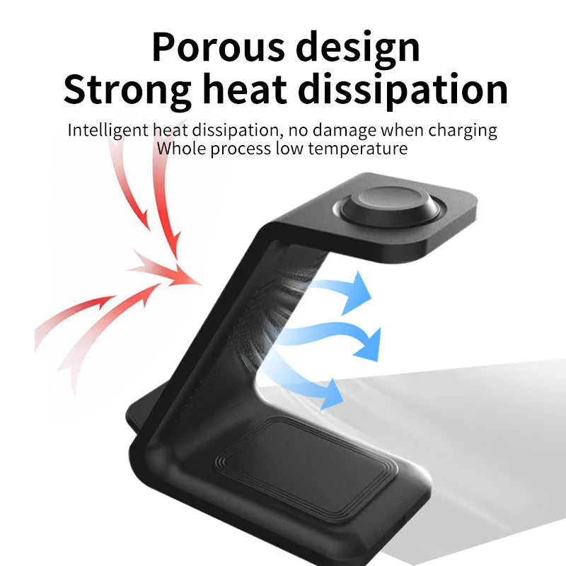 White 3-in-1 upright wireless charging stand holding a mobile phone, with a Type-C cable.