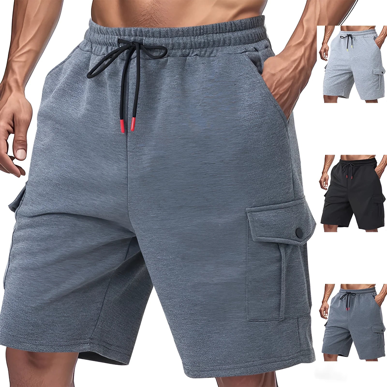Light grey sports cargo shorts with multiple pockets in loose casual fit