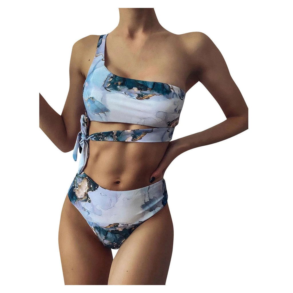 Women's marble tie-dye high-waist bikini set with U-neck top and separate pieces