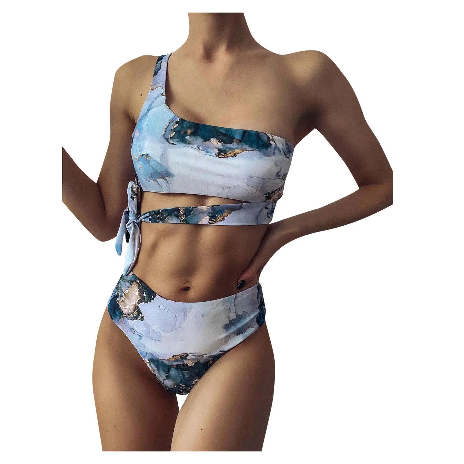 Women's marble tie-dye high-waist bikini set with U-neck top and separate pieces