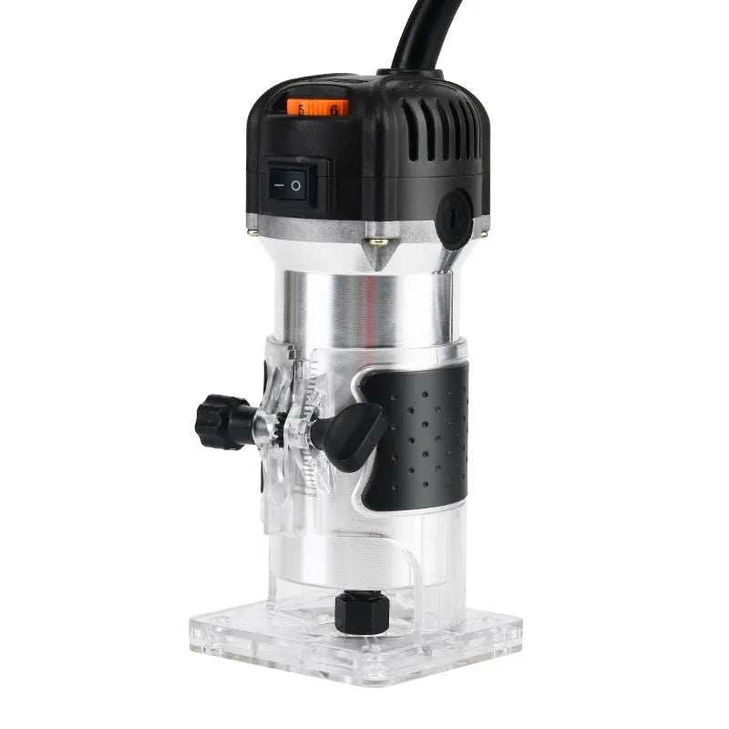800W 6-speed electric woodworking trimmer router with 6.35mm collet, 15 milling cutters, straight knife, aluminium body, gear paper box