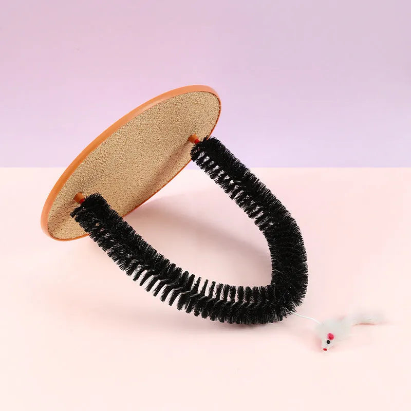 Black arch-shaped cat scratch post with rubbing surface and attached plush mouse toy