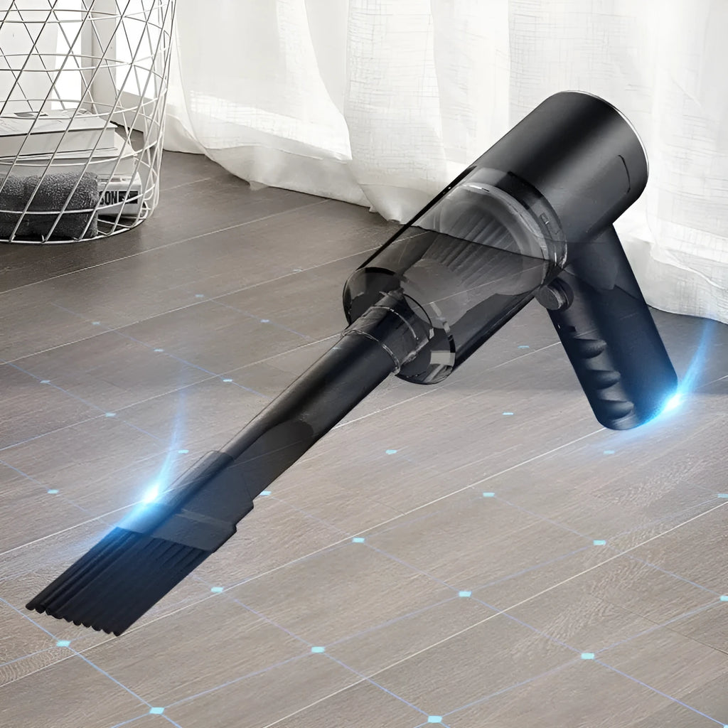 Black handheld portable car vacuum cleaner with USB charging cable