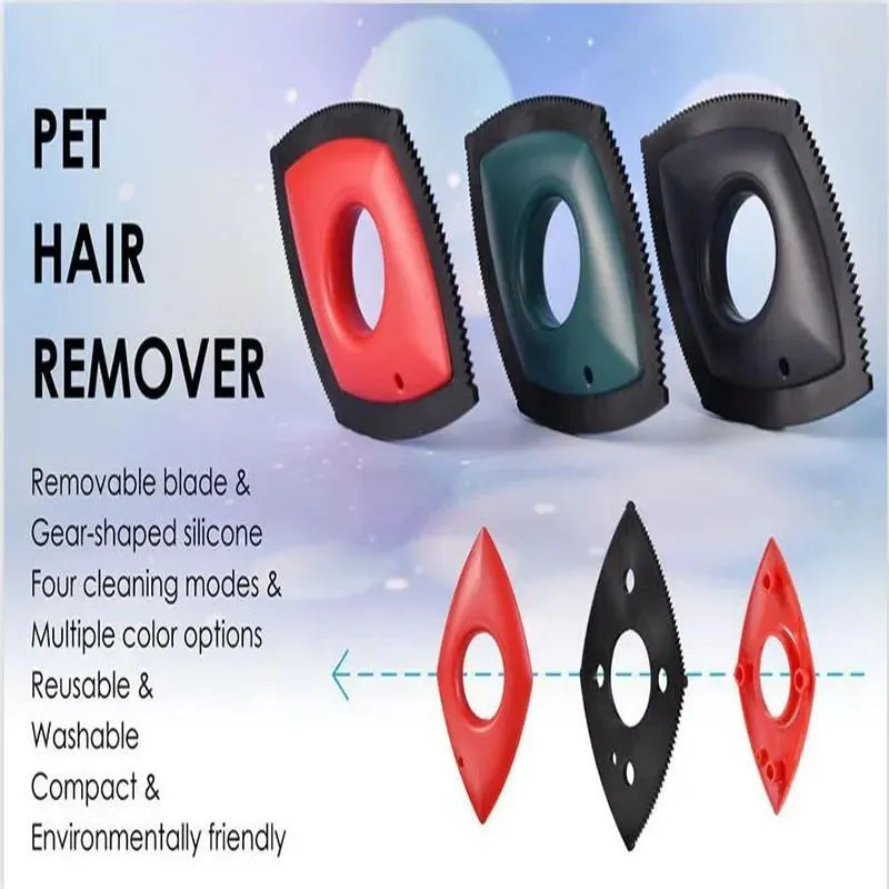 Silicone pet hair removal brush with bristles on one side and a flat scraper edge on the other, shown in red colour.
