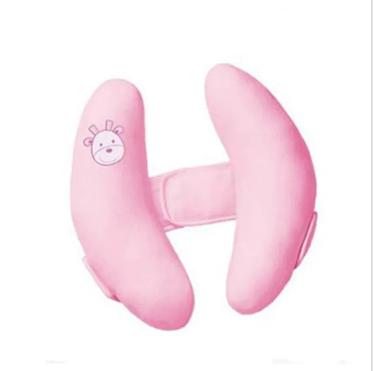 Baby U-shape car seat head protection pillow with pink short plush cover, 20cm height, PP cotton filling