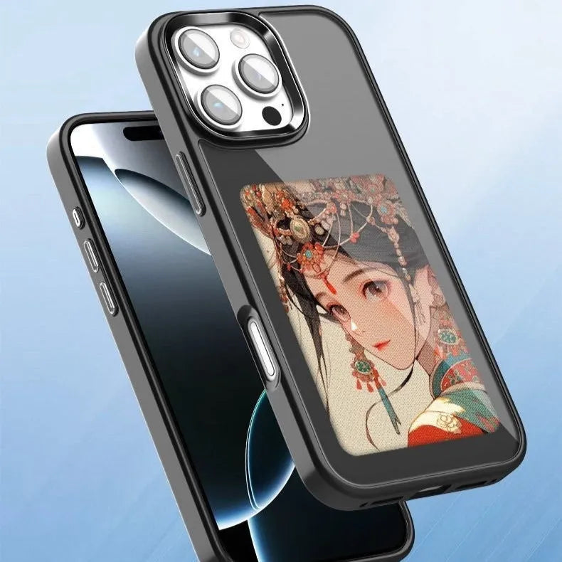 Black smart NFC phone case with four-colour e-ink screen and 3D relief texture for iPhone 11-16 series