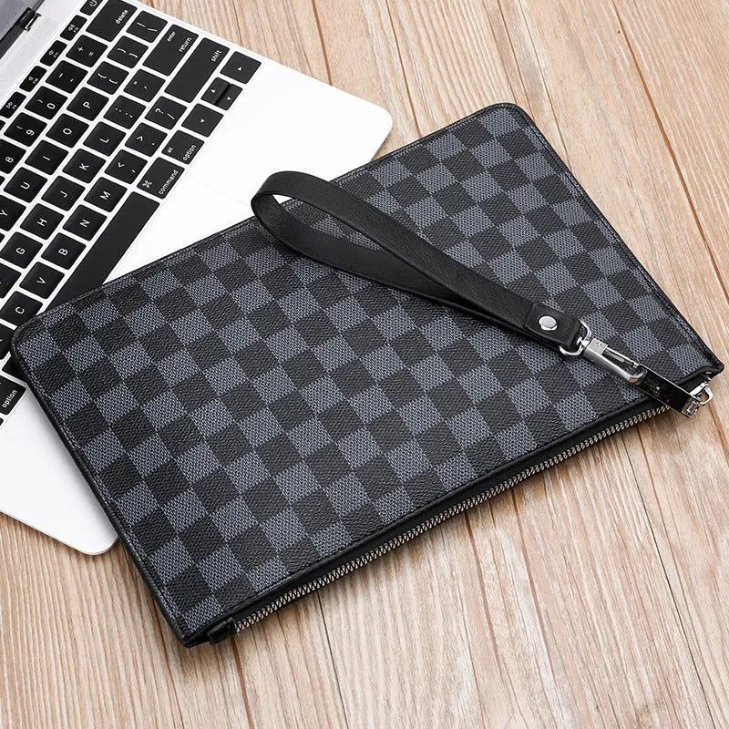 Men's black and brown plaid checkered PU leather clutch wallet open showing card slots and zipper pocket