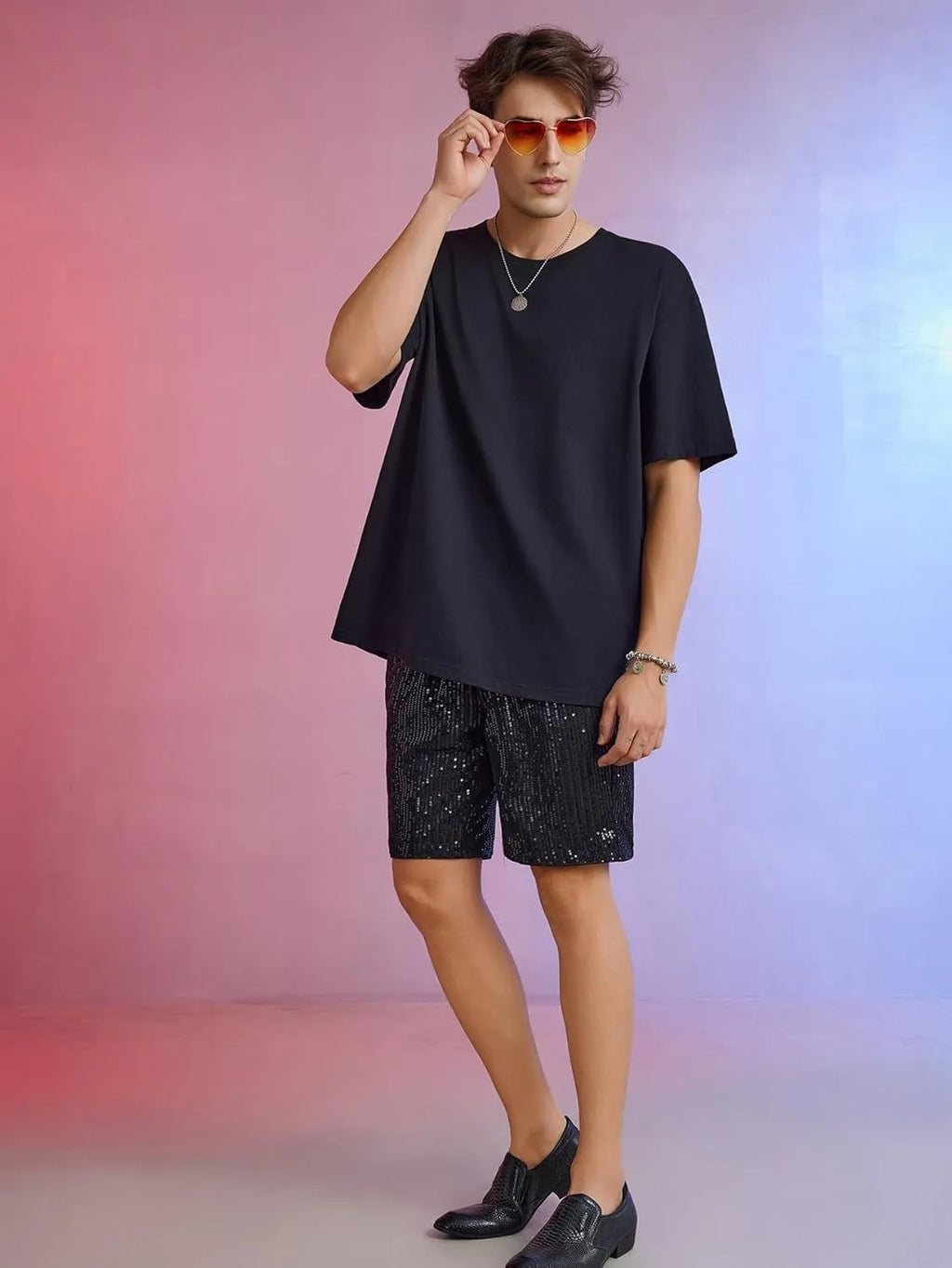Men's silver and black sequin shorts with straight cut design and medium elastic waistband