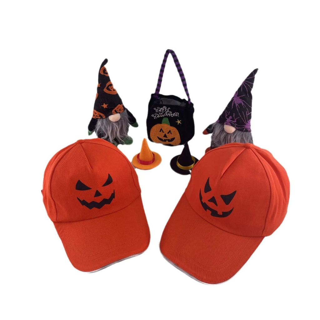 Halloween LED baseball cap with light-up front panel showing pumpkin smile design