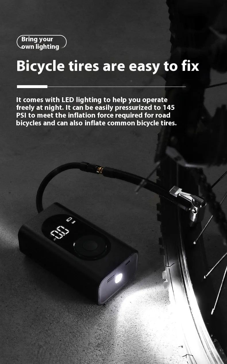 Portable wireless tyre pump with power bank and flashlight for car motorcycle bicycle inflation