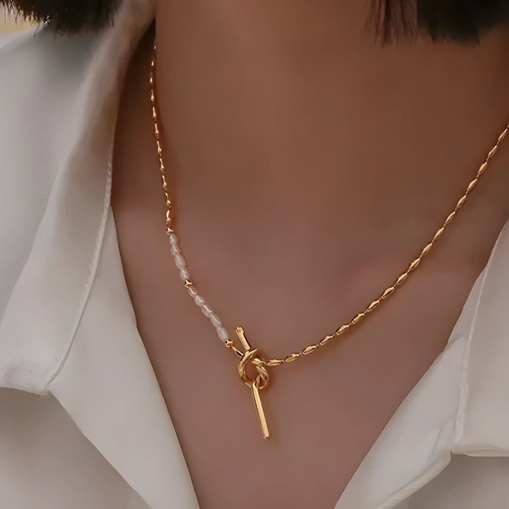 Gold copper real pearl necklace with geometric ring and line design on adjustable chain
