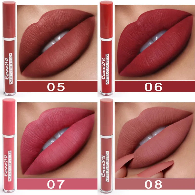 Pack of 10 women's matte lipsticks in photo colour with non-stick cup waterproof formula.