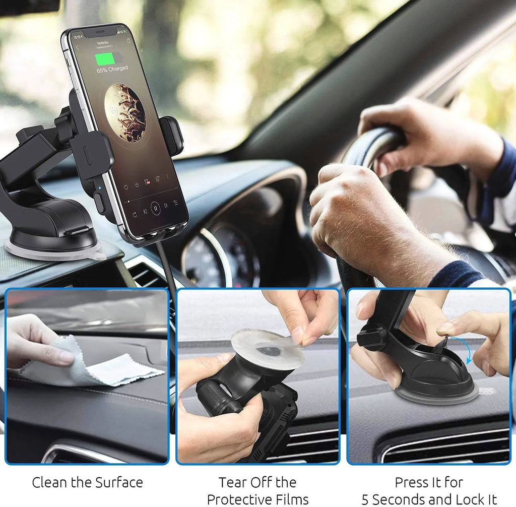 Black car wireless charging stand with 15W fast charging mounted on dashboard