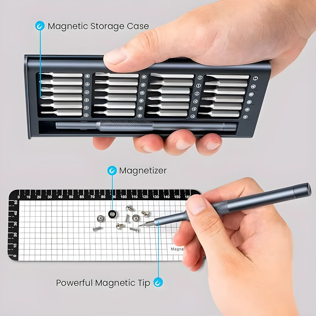 25-in-one precision screwdriver set with magnetic bits and knurled black handle.