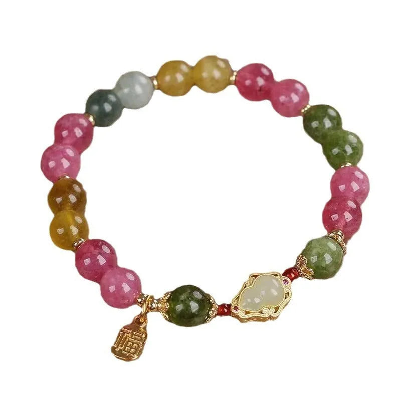 Colourful tourmaline gourd blessing card bracelet with flower shape and electroplated mixed materials