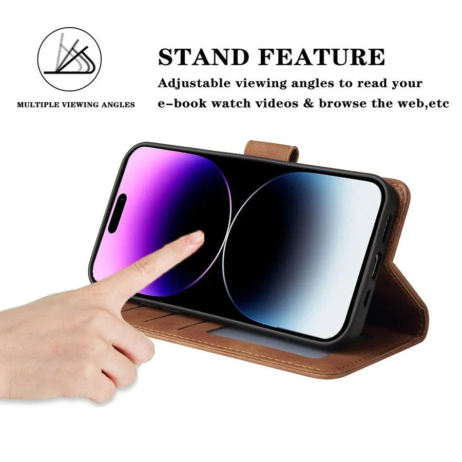 Flip case wallet card holder for iPhone 15 in brown with card slots and stand open