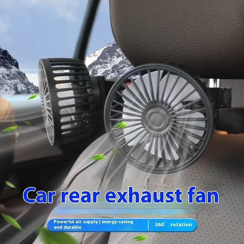 Black car mounted USB dual head fan with rear double-headed design, plastic body, and included bracket
