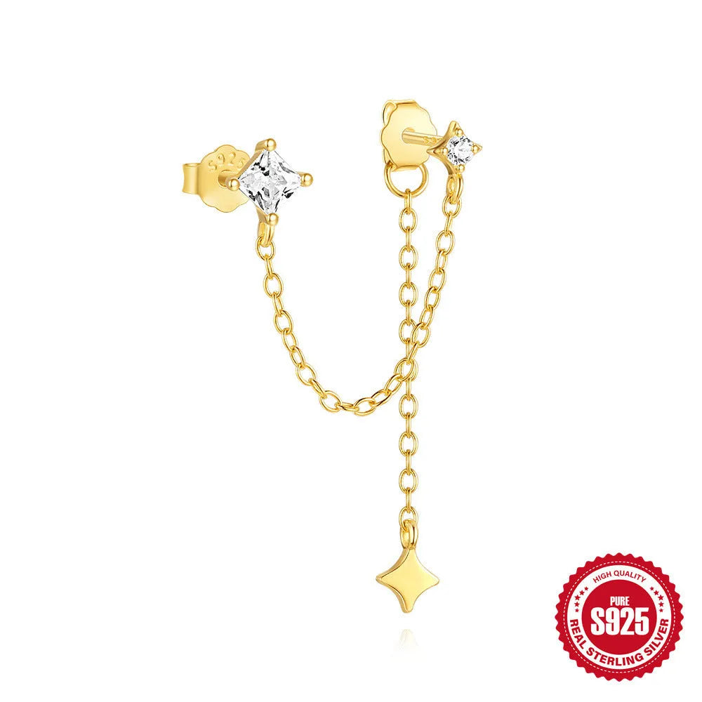 S925 sterling silver geometric chain stud earrings in gold finish with inlaid zircon details
