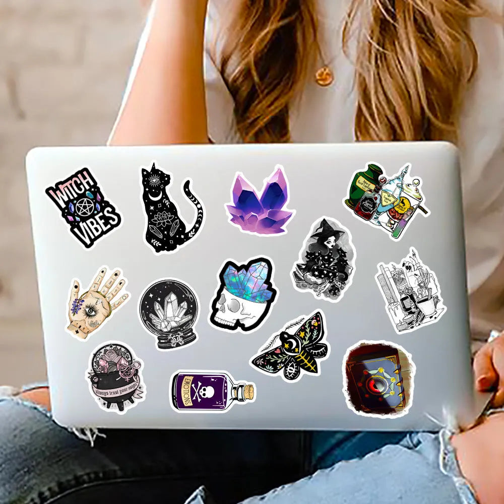A pack of 50 colourful waterproof PVC graffiti stickers in various sizes from 3cm to 8cm.