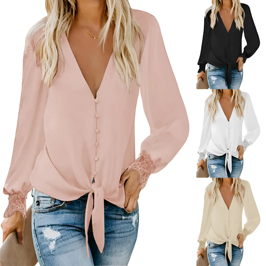 Women's loose V-neck long sleeve top with a front lace-up hem detail in a solid colour.