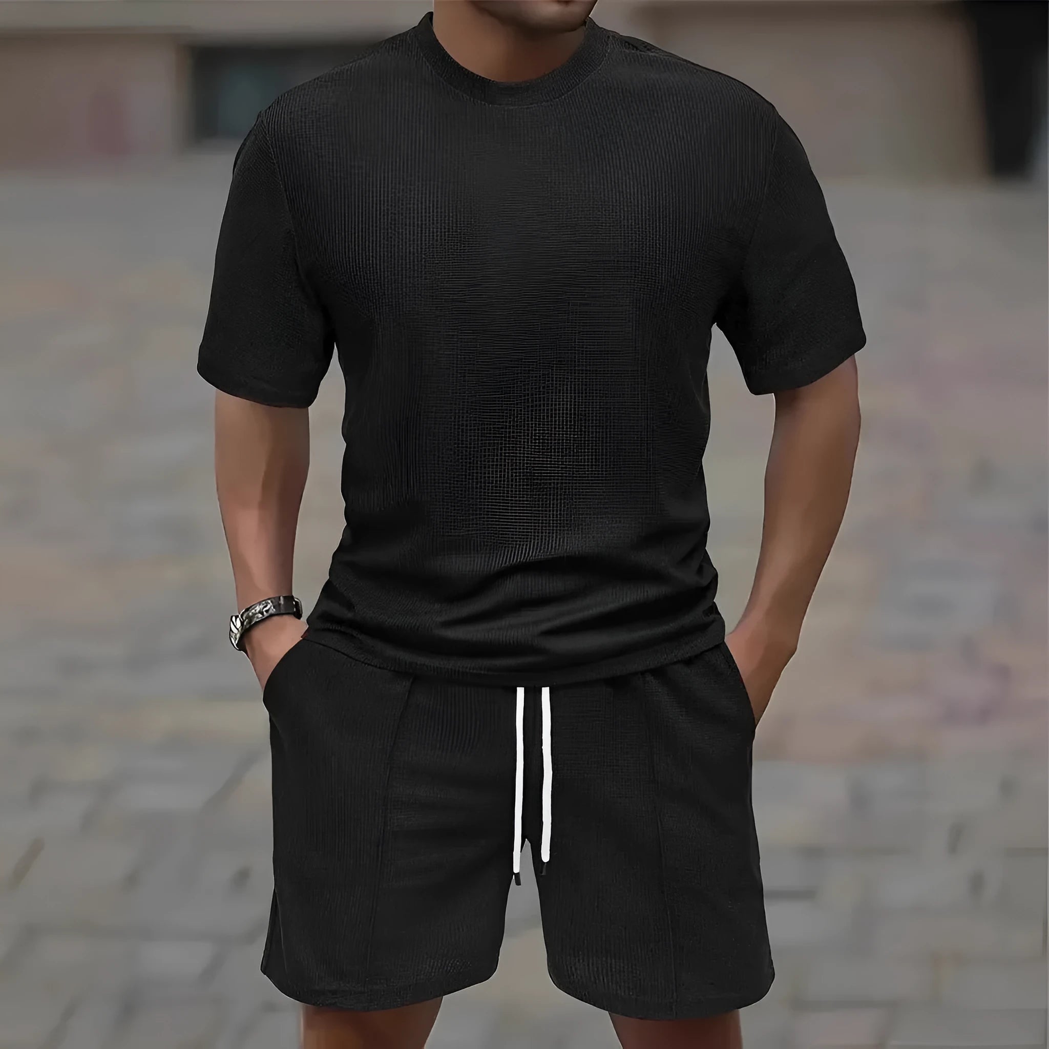 Man wearing a white waffle texture short sleeve blouse and matching shorts summer set.