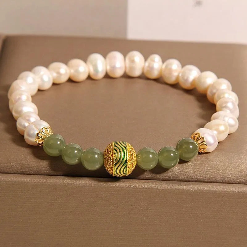 Natural pearl bracelet for women with jasper and enamel round beads in New Chinese light luxury style