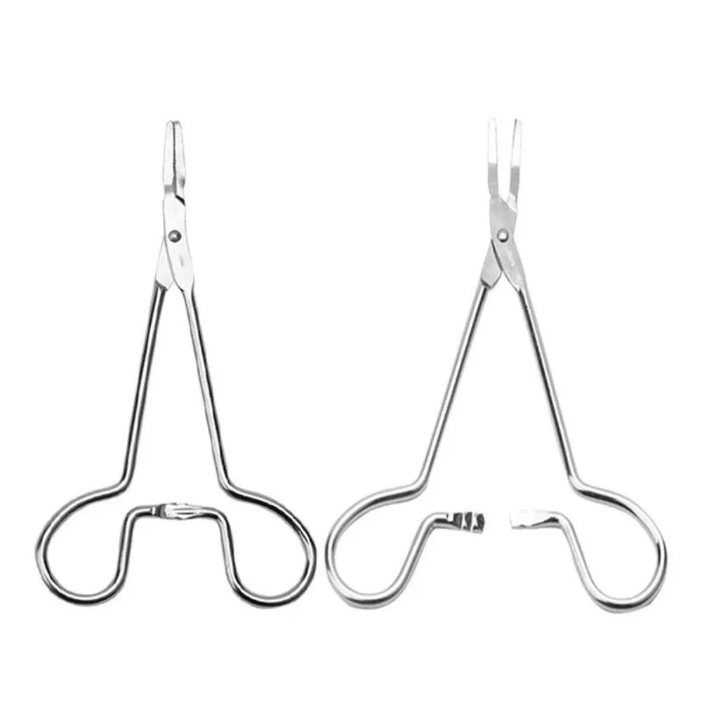 Silver stainless steel pet ear cleaning tweezers with an ergonomic anti-slip handle.