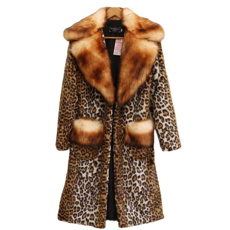 Women's long leopard print faux fur jacket with regular sleeves on a hanger