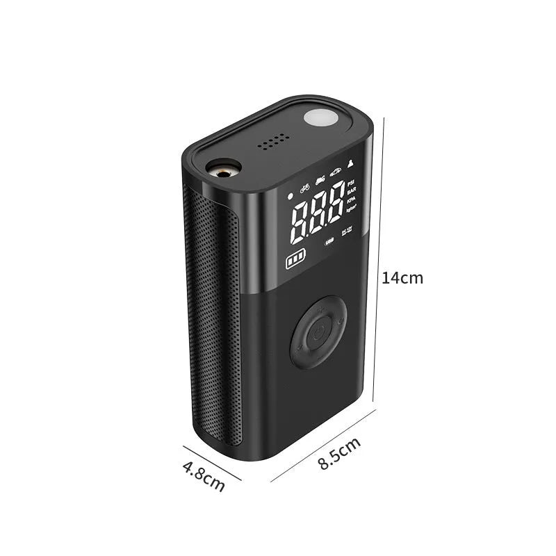 Wireless handheld digital air pump with pressure display and multiple nozzle attachments for tyres and inflatables