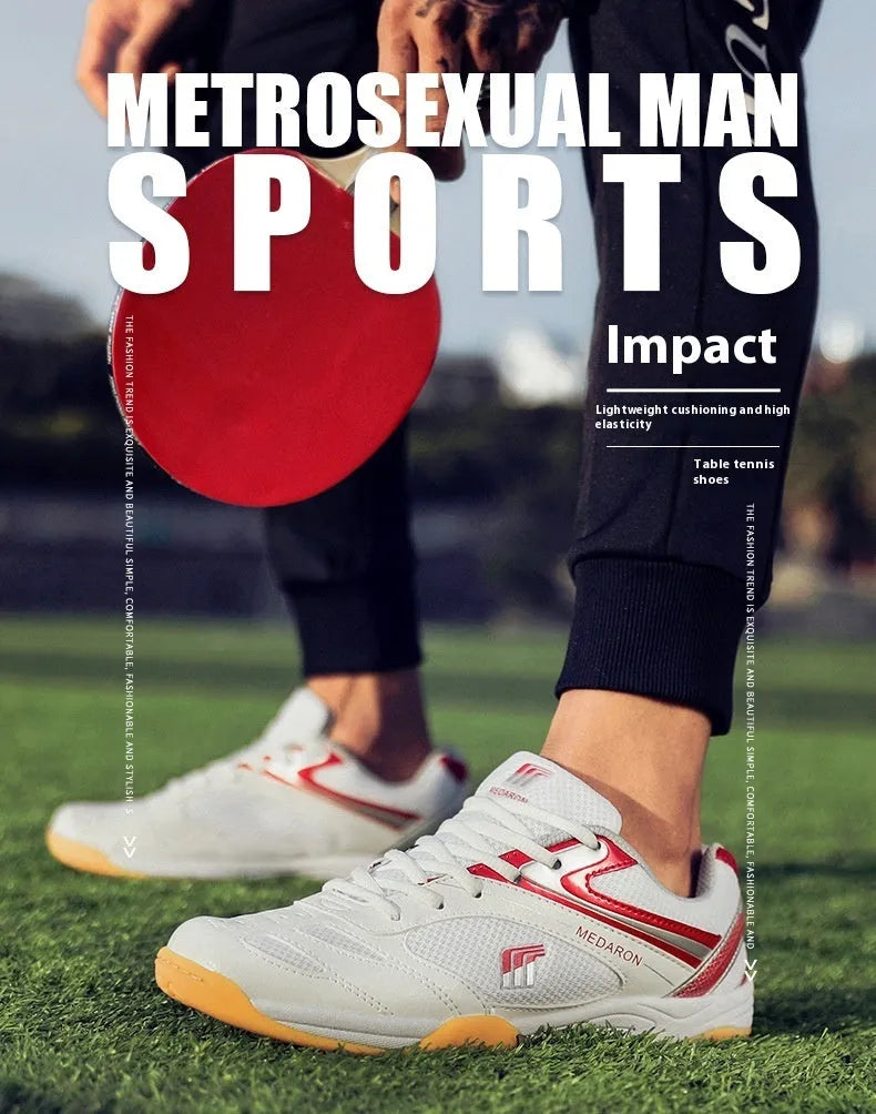 White and blue table tennis sneakers with synthetic leather upper and rubber sole on a court surface.