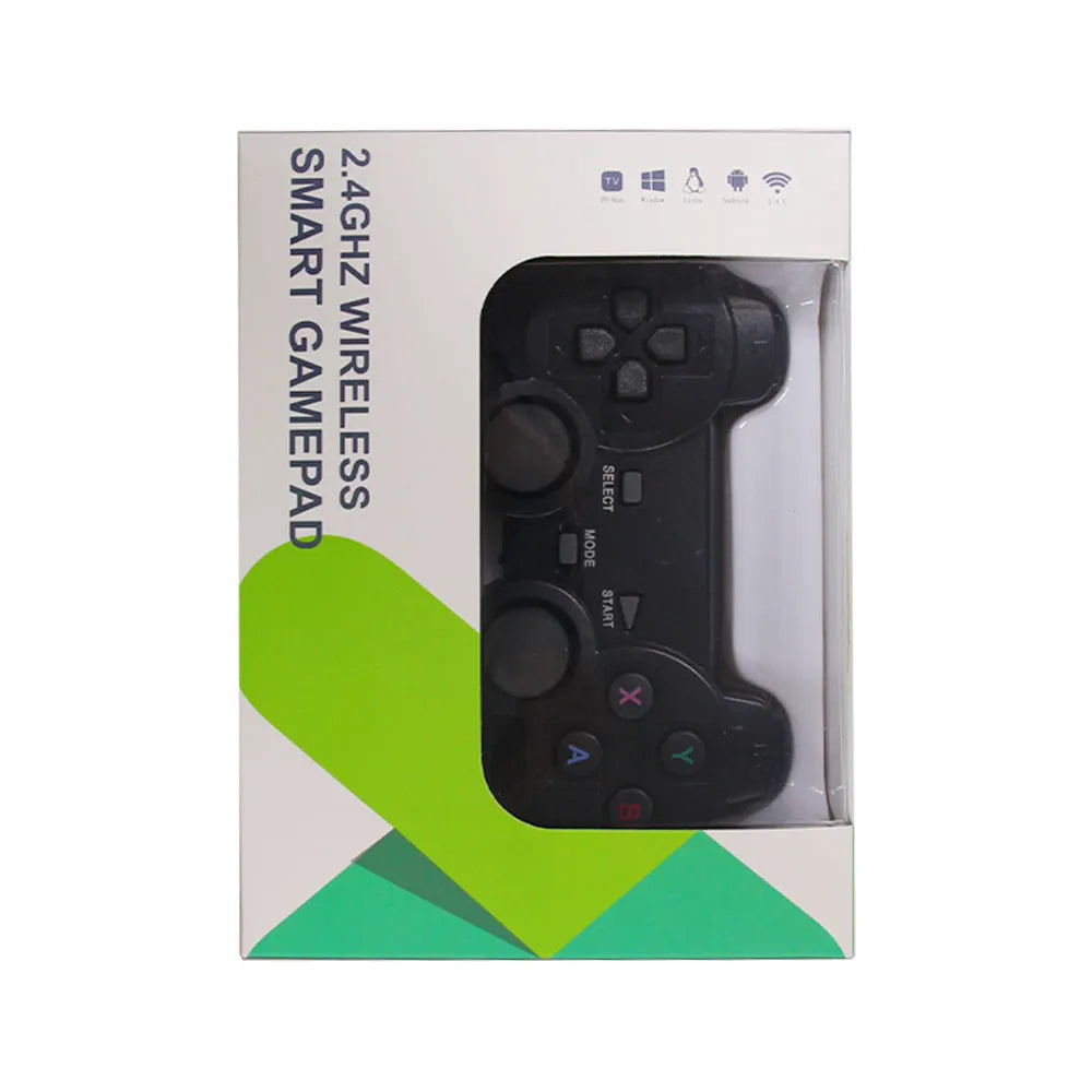 Classic black wireless 2.4G gamepad with USB receiver on a dark surface.