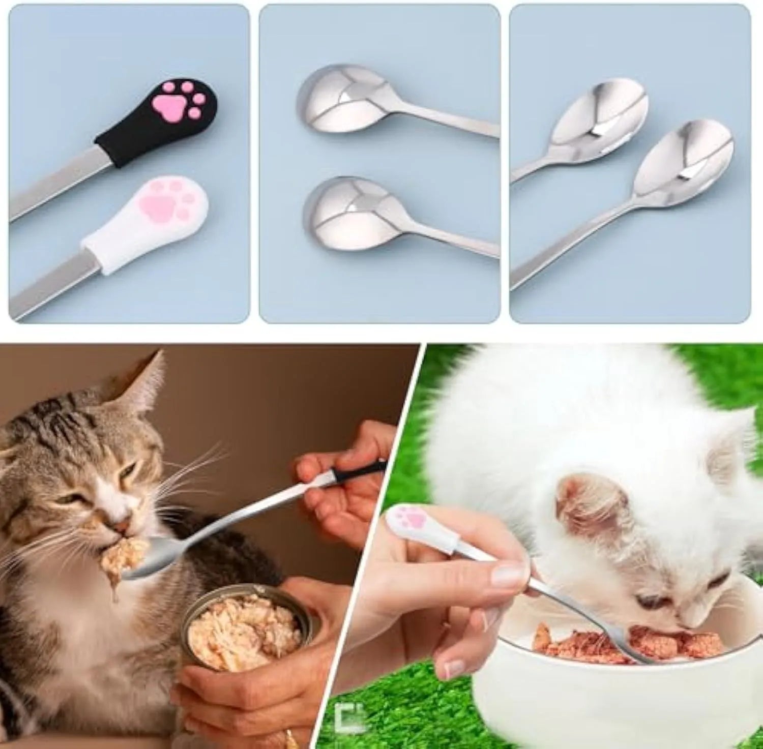 White and black stainless steel pet food spoons with cat paw design and silicone handles
