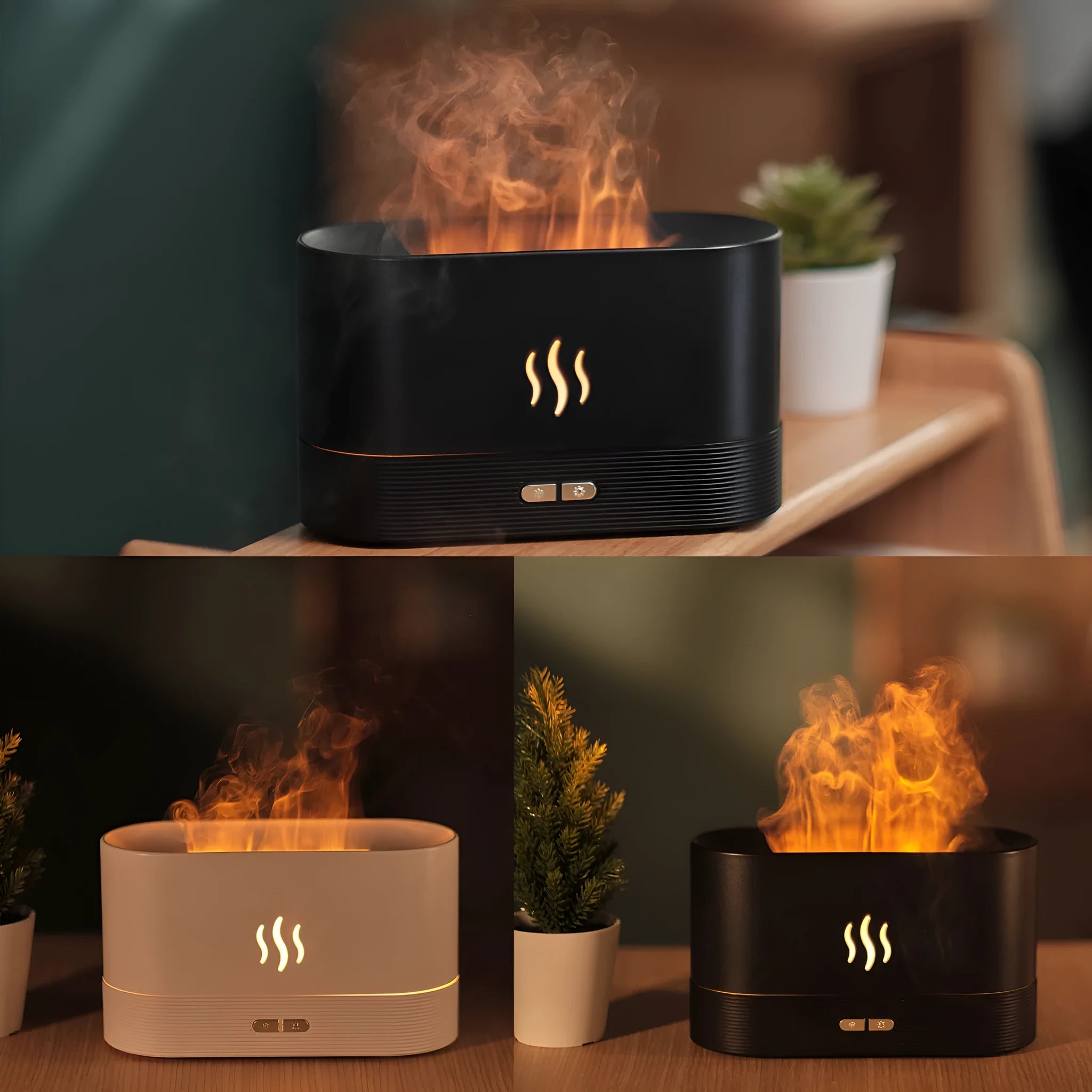 Square black ultrasonic aroma diffuser with flame effect lighting and water tank