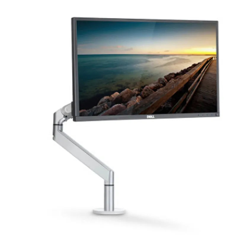 Silver aluminium Free Hover adjustable laptop and monitor arm bracket extended on a desk.
