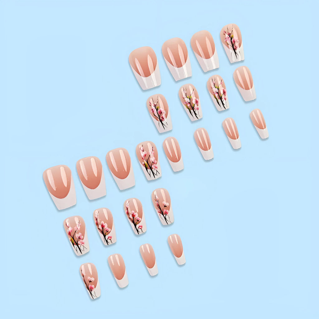 Plum blossom pattern white edge French false nail tips with starry sky accents, short ballet style, 24 pieces with jelly glue