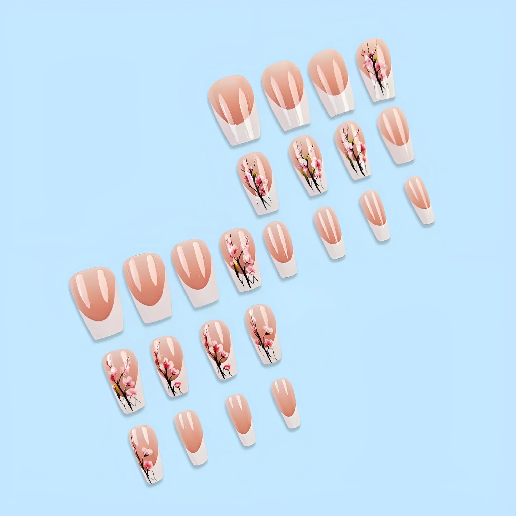 Plum blossom pattern white edge French false nail tips with starry sky accents, short ballet style, 24 pieces with jelly glue