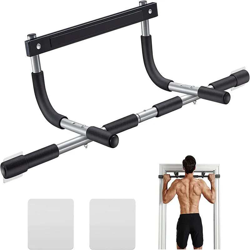 Black steel pipe indoor pull-up bar mounted on door frame for single and double poles exercises