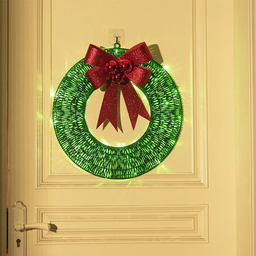 50cm handmade Christmas garland with gold and green bowknot, 140 LED lights, and battery-operated timer for door or wall display