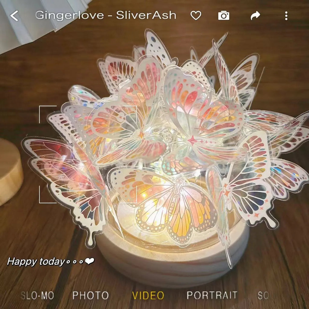 Handmade butterfly night lamp with glass shade on raw wood base, 12x15cm