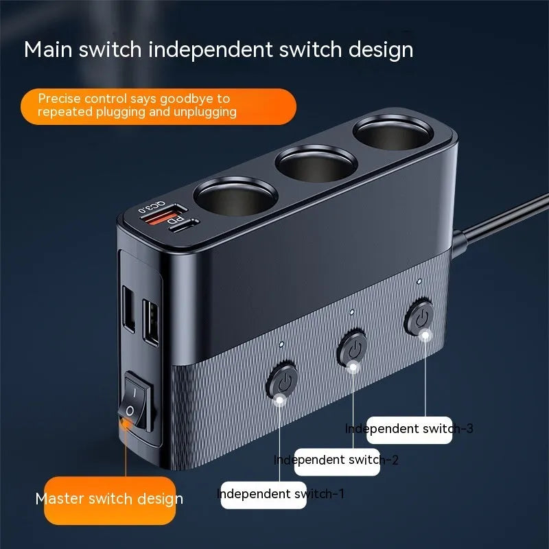 Black vehicle cigarette lighter charger with multiple USB ports and 1 metre cable for car charging