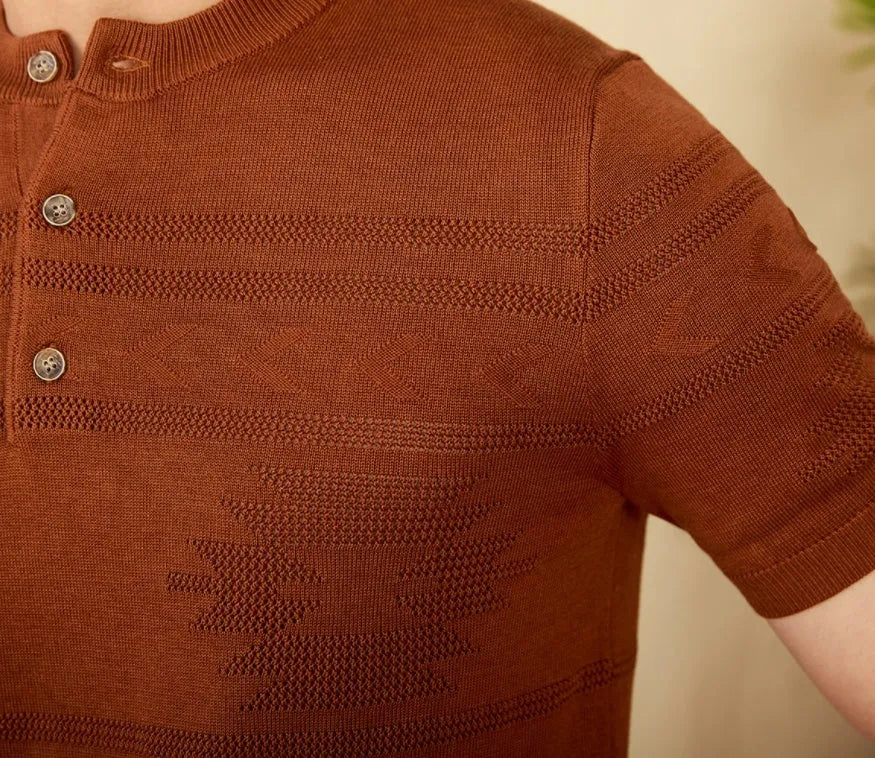 Knitted Henley shirt in denim blue, American retro slim-fit short sleeve, cotton Lyocell blend, front view