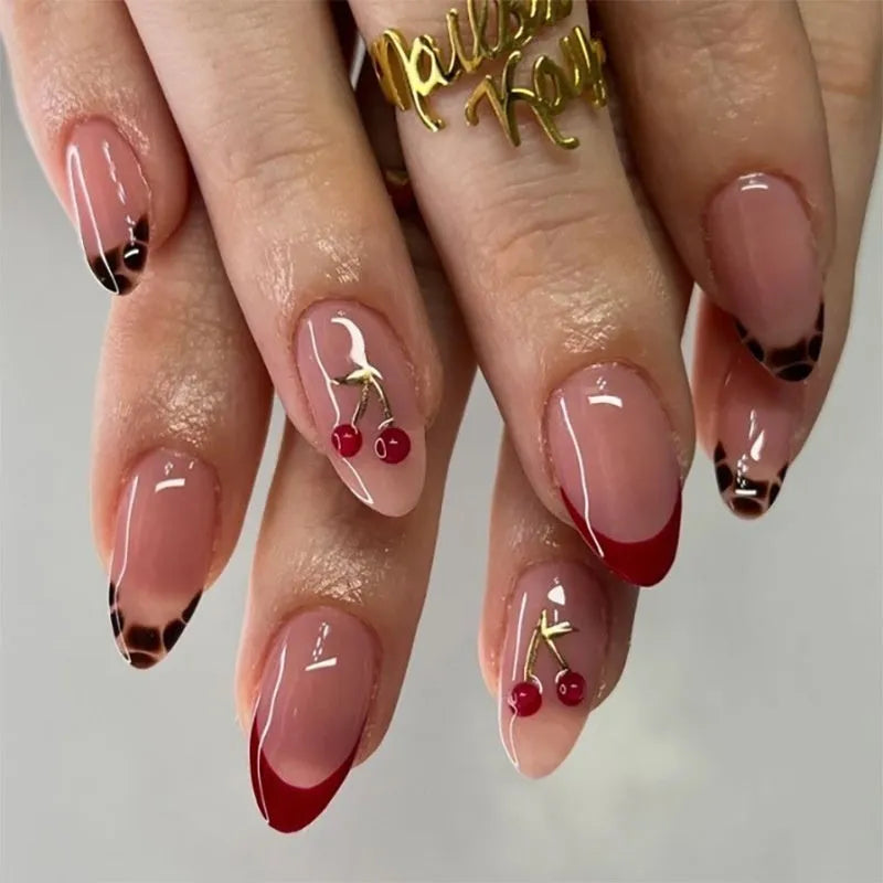 Short almond cherry nail tips in ST4050 colour with press-on plastic wearable armour for ladies