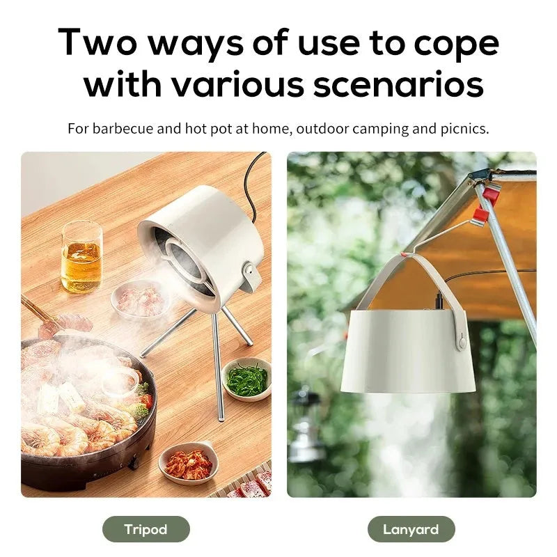 Milky white portable desktop kitchen exhaust fan with USB cable and three-speed controls
