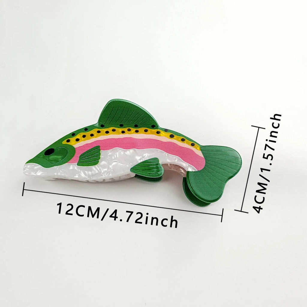 Dark green PVC hair clip with rainbow trout design and carp decorative elements