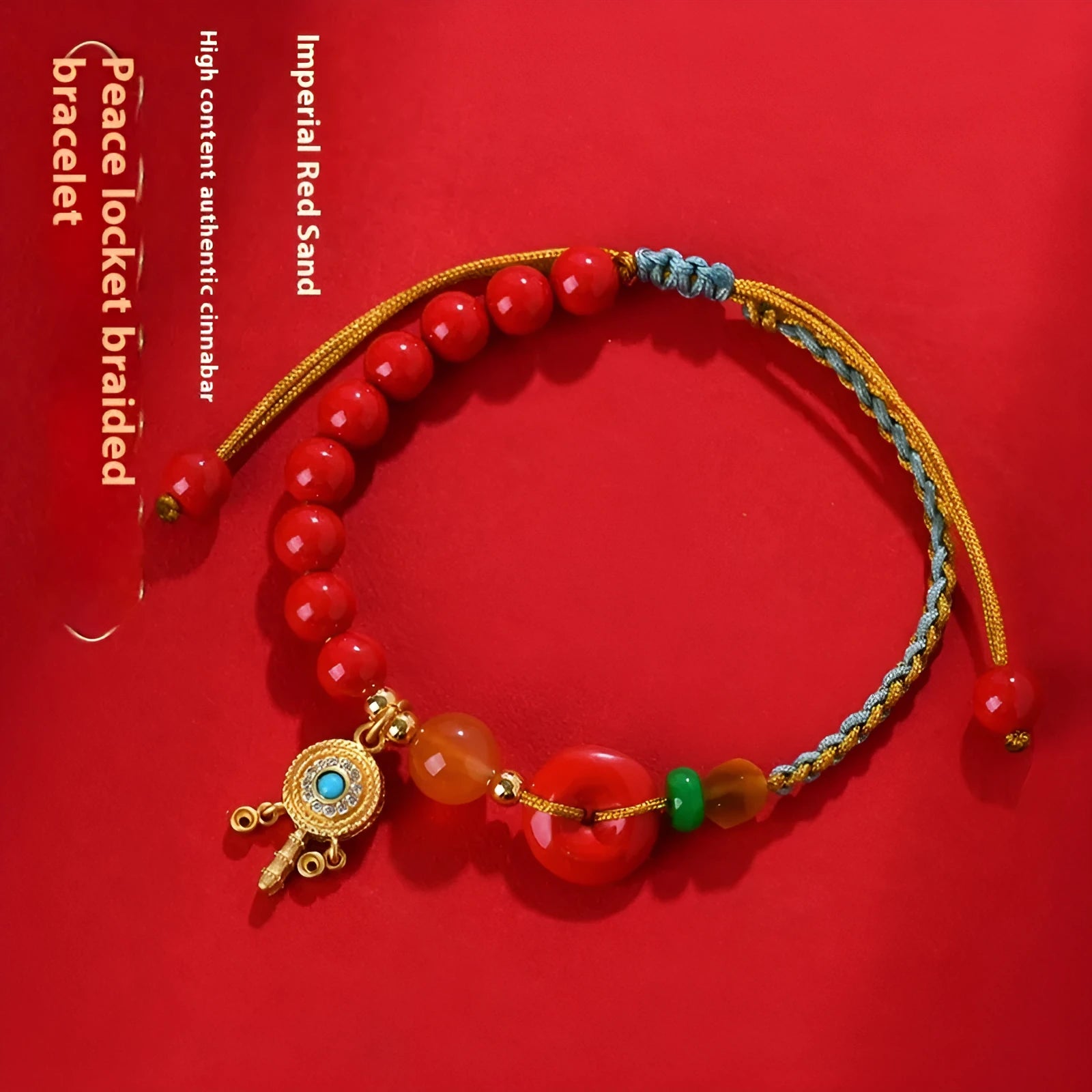 Cinnabar peace blessing buckle bracelet for women in emperor red sand colour with hand-woven geometric design
