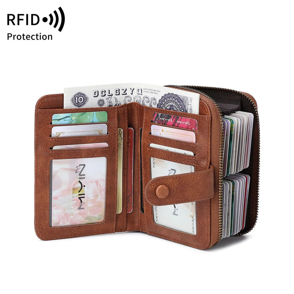 Leopard print multifunctional zipper wallet showing card slots and contrast stitching details