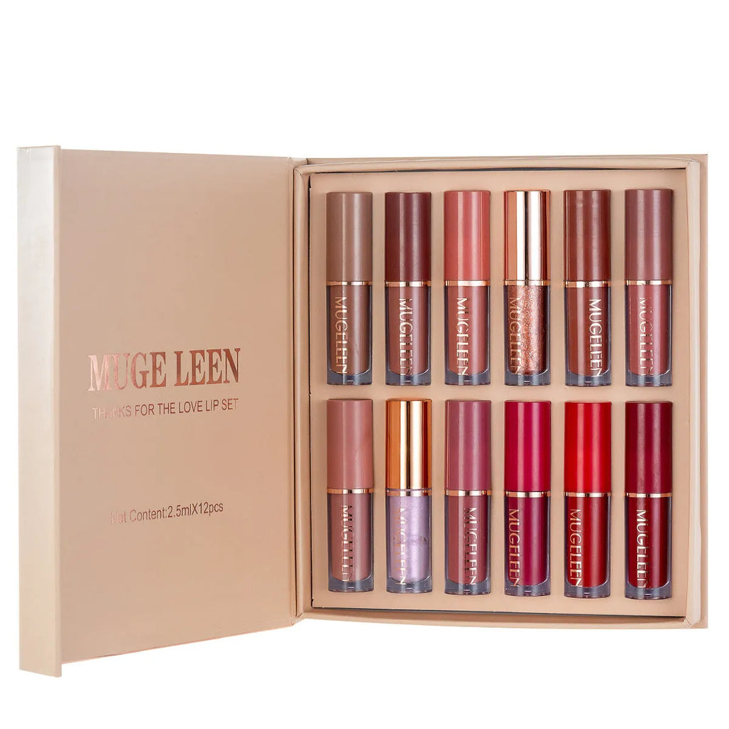 12-piece matte shimmer lip glaze set with nonstick cup property shown in packaging.