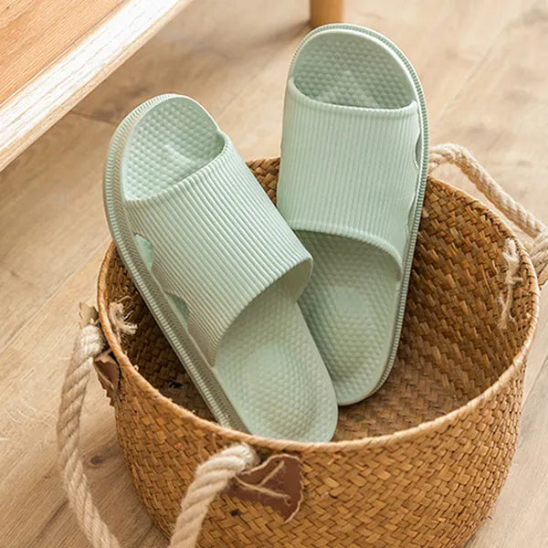 Women bathroom slippers with heel massage ball design, PVC flip-flops in black, grey, pink, matcha green, sky blue